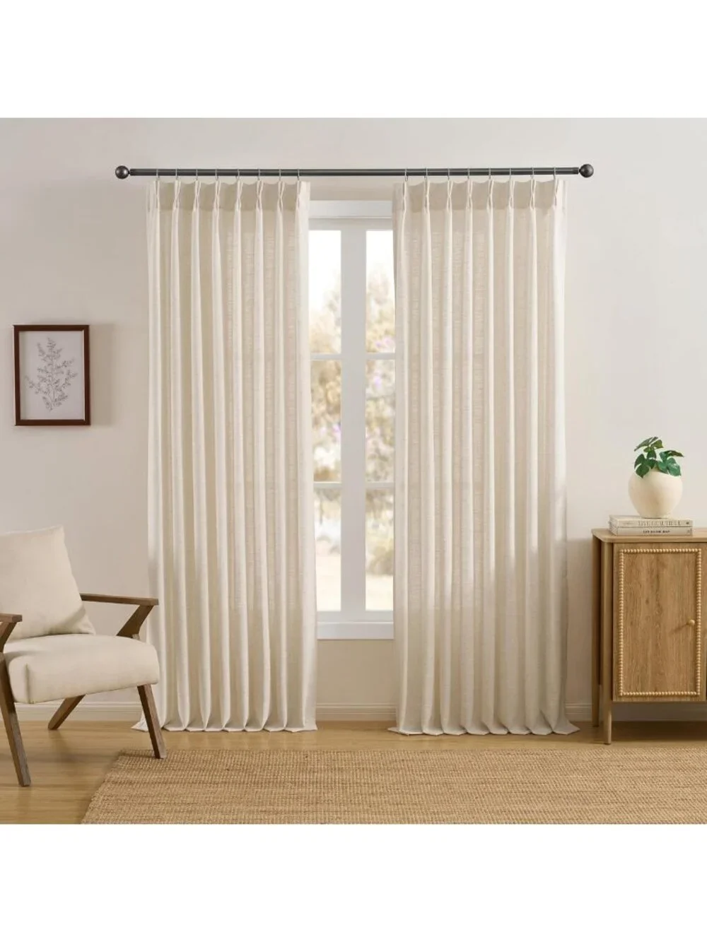Elegant Linen Pinch Pleat Curtains Set - Thick Textured Drapes for Living Room